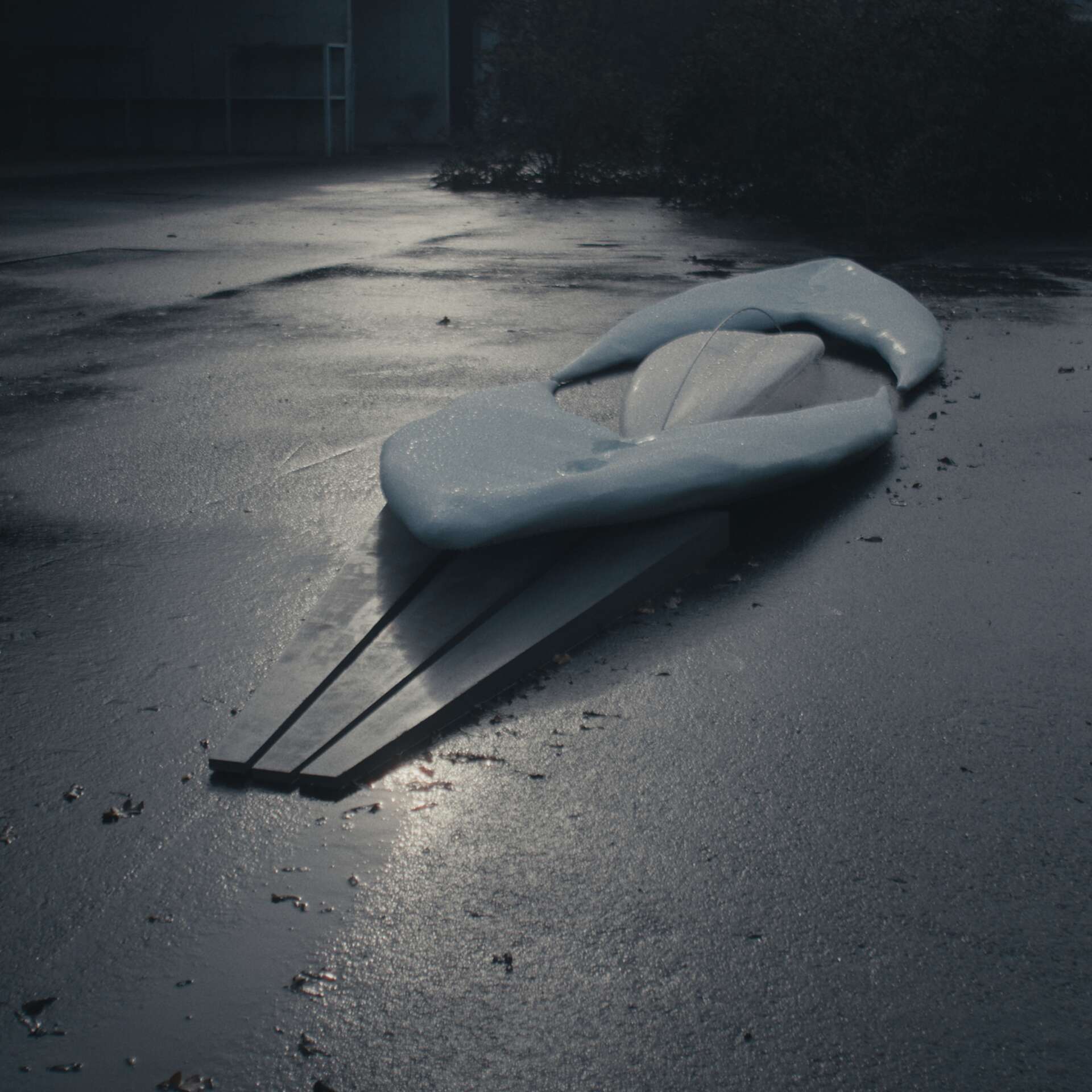 Neja Zorzut, Hygroamass, dyneema fiber, epoxy resin, concrete, plexiglass, metal, 1200 x 180 x 40 cm, 2023